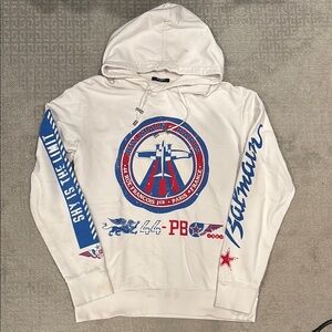 Balmain White Hoodie with Blue and Red Graphics, S, good used condition
